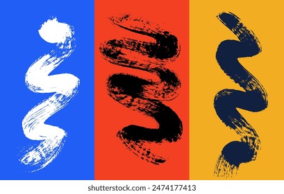 Banner design with black bold brush drawn geometric shapes, wavy lines brush stroke, squiggles, curves, circles. Grunge color childish memphis style. Vector thick brush drawn shapes with rough element