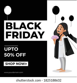 Banner design of Black Friday sale offer girl is holding shopping bags.