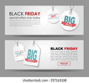 Banner design Black Friday, for sale on a white background with tags. Vector illustration. Set.