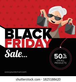 Diseño de carteles de la plantilla de Black Friday con una anciana sosteniendo bolsas de compras.