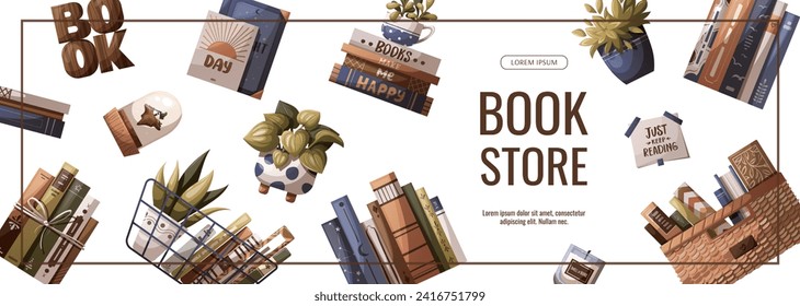 Banner design with books, potted plants and wooden word "book". Bookstore, bookshop, book lover, reading, interior concept. Vector illustration for advertising, banner, promo.