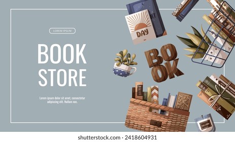 Banner design with books, potted plants and wooden word "book". Bookstore, bookshop, book lover, reading, interior concept. Vector illustration for advertising, banner, promo.