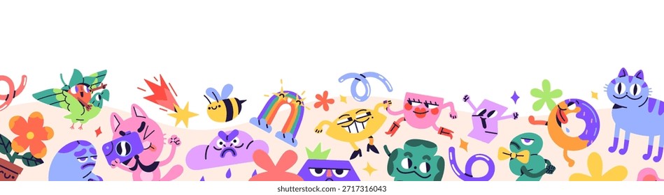 Diseño de Anuncio con borde de lindos personajes abstractos y Elementos de doodle. Plantilla con un marco colorido de caras sonrientes, animales divertidos con emociones y emoticonos divertidos. Ilustración vectorial plana