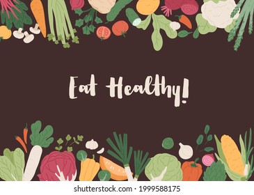 Banner design with borders of fresh vegetables and greens. Background for text with organic healthy farm food. Card with natural raw veggies of summer season. Colored flat vector illustration