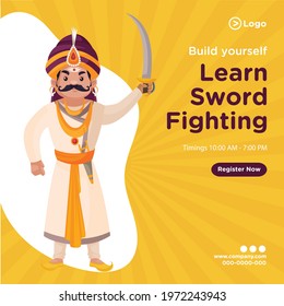 Banner design of build yourself learn sword fighting cartoon style template. Vector graphic illustration.