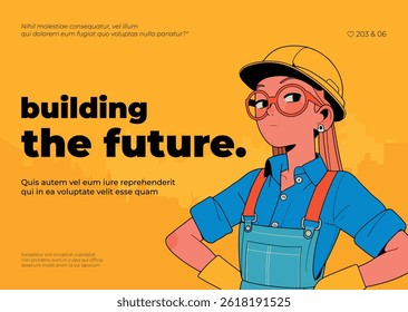 Design de banner da construção do futuro modelo com mulher mecânica de desenhos animados.