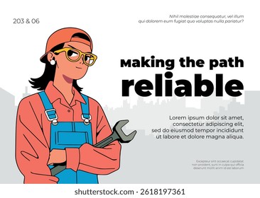 Banner design of building the future template with cartoon mechanic woman.