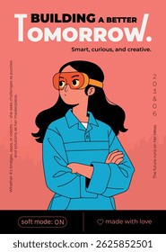 Banner design of building the future template with cartoon builder woman.