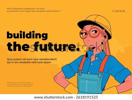 Banner design of building the future template with cartoon mechanic woman.