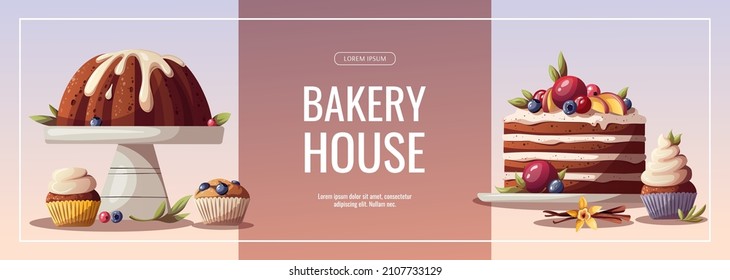 Banner design with cakes, muffins, cupcakes for baking, bakery shop, cooking, sweet products, dessert, pastry. Vector illustration for poster, banner, cover, flyer, menu, sale, advertising.