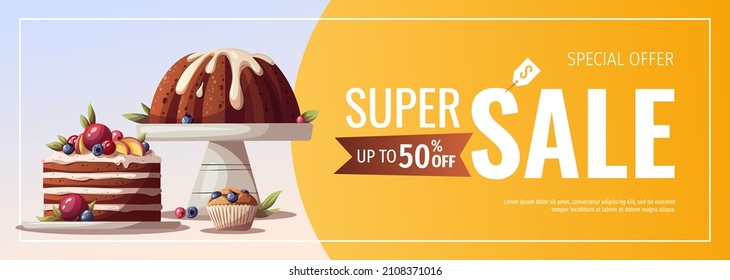 Banner Design With Cakes, Muffins, Cupcakes For Baking, Bakery Shop, Cooking, Sweet Products, Dessert, Pastry. Vector Illustration For Poster, Banner, Cover, Flyer, Menu, Sale, Advertising.