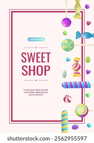 Banner design for a candy shop, sweets, desserts, and confectionery. Vector A4 illustration for poster, banner, cover, flyer, menu, sale, advertisement.