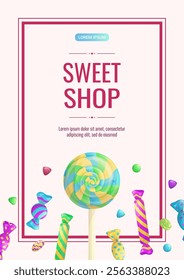 Banner design for a candy shop, sweets, desserts, and confectionery. Vector A4 illustration for poster, banner, cover, flyer, menu, sale, advertisement.