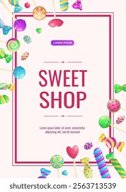 Banner design for a candy shop, sweets, desserts, and confectionery. Vector A4 illustration for poster, banner, cover, flyer, menu, sale, advertisement.