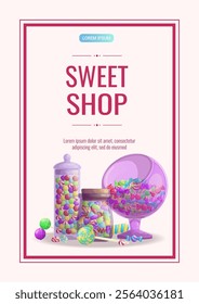 Banner design for a candy shop, sweets, desserts, and confectionery. Vector A4 illustration for poster, banner, cover, flyer, menu, sale, advertisement.