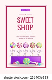 Banner design for a candy shop, sweets, desserts, and confectionery. Vector A4 illustration for poster, banner, cover, flyer, menu, sale, advertisement.