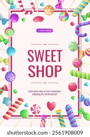 Banner design for a candy store, sweets, desserts, and confectionery. Vector A4 illustration for poster, banner, cover, flyer, menu, sale, advertisement.