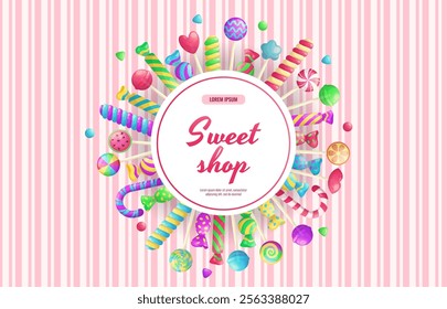 Banner design for a candy store, sweets, sweet products, desserts, sugar confectionery. Vector illustration for poster, banner, cover, flyer, menu, advertisement.