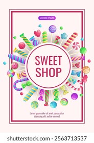 Banner design for a candy store, sweets, desserts, and confectionery. Vector A4 illustration for poster, banner, cover, flyer, menu, sale, advertisement.