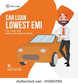 Banner design of car loan on lowest EMI. Man is standing with a car. Vector graphic illustration.