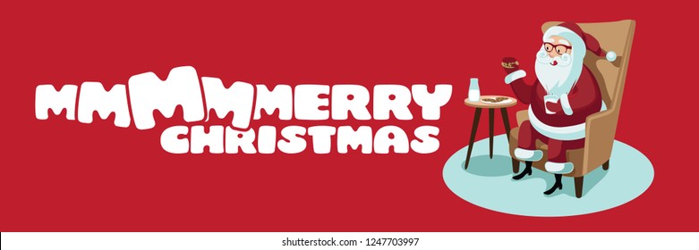 Banner design with Cartoon Santa Claus eating his Christmas cookies and wishing you a merry Christmas. Eps10 vector illustration.