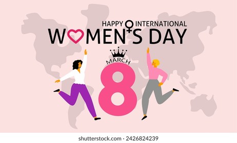 Banner design celebrating International Women's Day on March 8, with a pink concept of the number eight in the middle of two women standing waving, with a world map silhouette background