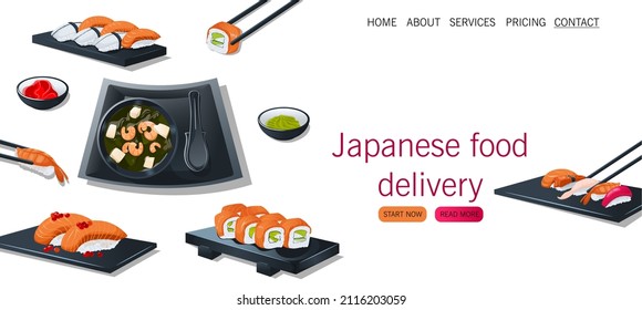 Banner design for Chinese food. Sashimi sushi and rolls, miso soups. Vector illustration for poster, banner, cover, flyer, menu, advertisement.