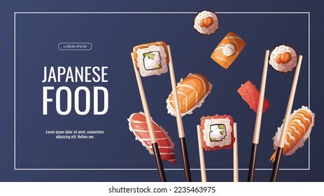 Banner design with chopsticks with variety of Sushi. Japanese food, healthy eating, cooking, menu, nutrition concept. Vector illustration. Banner, promo, advertising. 