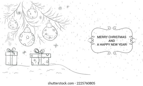 Banner for the design of Christmas and New Year design contour illustration Christmas tree toys on the branches at the bottom of the gift box