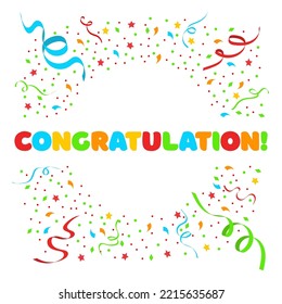 Banner design with colored paper confetti and streamers and the inscription congratulations