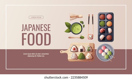 Banner design with colorful Sweet Mochi, dango, matcha tea, onigiri. Japanese food, healthy eating, cooking, menu, sweet food, dessert concept. Vector illustration. Banner, flyer, promo, advertising. 