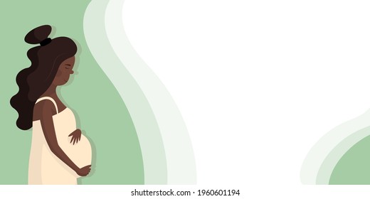 Banner design concept about pregnancy, childbirth, family creation. Young black pregnant woman. Cute beautiful girl stands in a nightgown and holds a big belly with his hands. Happy motherhood