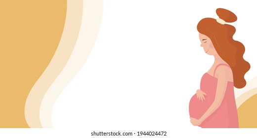 Banner design concept for perinatal center, maternity hospital, medical center for motherhood and family planning. Young beautiful red-haired pregnant white woman stands holding her big belly