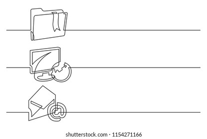 banner design - continuous line drawing of business icons: folder with bookmark, display, globe, email, letter