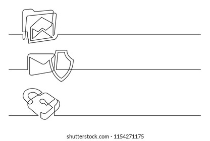 banner design - continuous line drawing of business icons: mail folder; protection shield; security lock