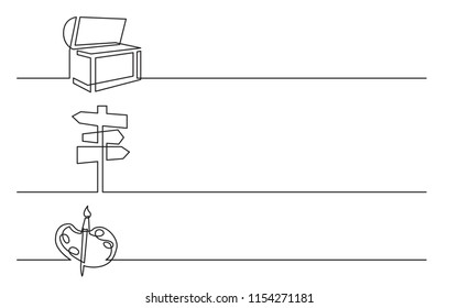 Banner Design - Continuous Line Drawing Of Business Icons: Treasure Chest, Direction Sign, Artist Palette