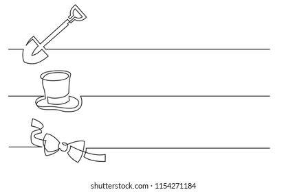 Banner Design - Continuous Line Drawing Of Business Icons: Shovel, Top Hat, Bow Tie