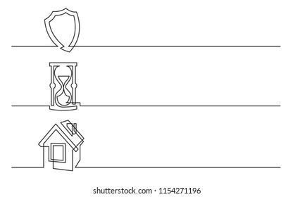 banner design - continuous line drawing of business icons: protection shield, hourglass, home symbol