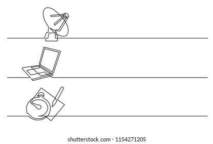 banner design - continuous line drawing of business icons: satelite antena, laptop computer, stop watch