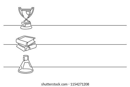 banner design - continuous line drawing of business icons: prize, workbooks, chemical flask