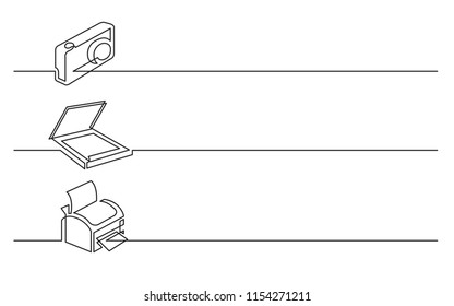 banner design - continuous line drawing of business icons: photo camera, scanner, printer