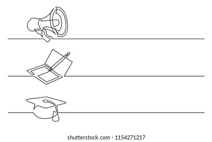 Banner Design - Continuous Line Drawing Of Business Icons: Megaphone; Notebook; Graduation Cap