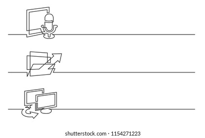 banner design - continuous line drawing of business icons: news microphone, folder arrow, computer connections