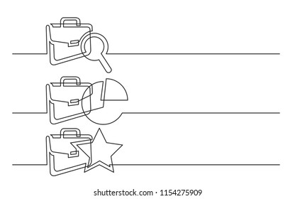 banner design - continuous line drawing of business icons: briefcase with search, investment pie chart, star investor