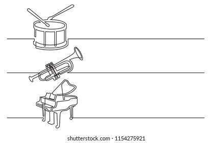 banner design - continuous line drawing of business icons: drum with drumstick, trumpet and grand piano