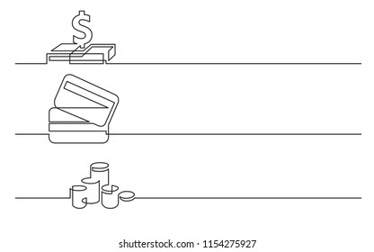 Banner Design - Continuous Line Drawing Of Business Icons: Dollar Sign, Credit Cards, Money Coins