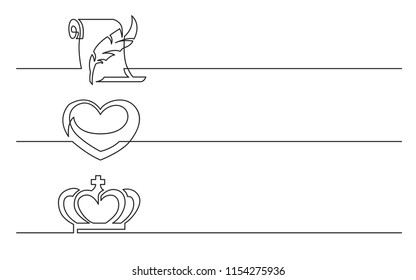 banner design - continuous line drawing of business icons: script with feather, heart symbol, crown