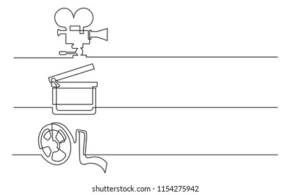 banner design - continuous line drawing of business icons: movie camera, clap board, film tape