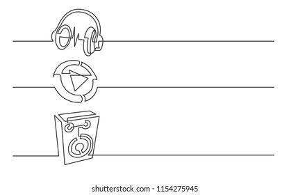 banner design - continuous line drawing of business icons: headphones, video file, audio speaker