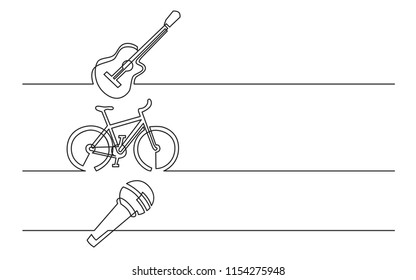 Banner Design - Continuous Line Drawing Of Business Icons: Guitar, Bike, Microphone